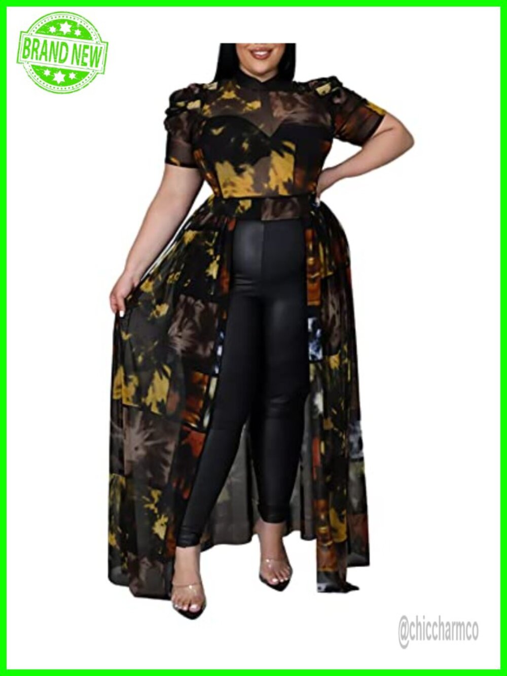 Plus Size High Low Tunic Dress Mesh Puff Sleeve Blouse Sheer Layered Top Tie